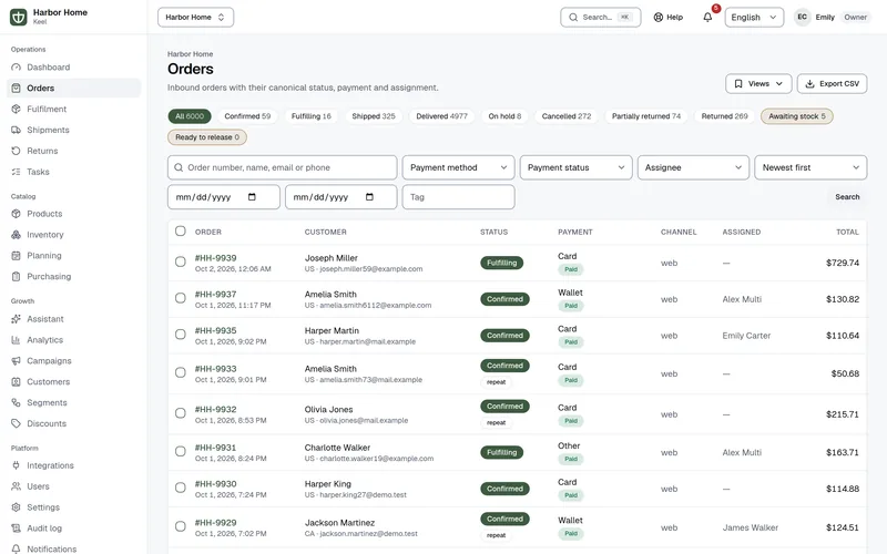 Orders list in Keel: each order with its canonical status, payment method and status, channel, assignee and total