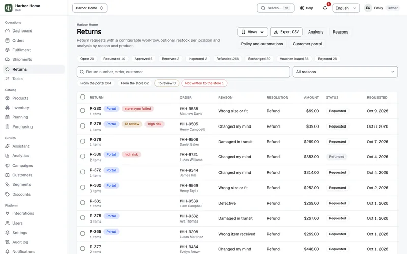 Returns page in Keel: return requests with order, reason, resolution, amount and workflow status