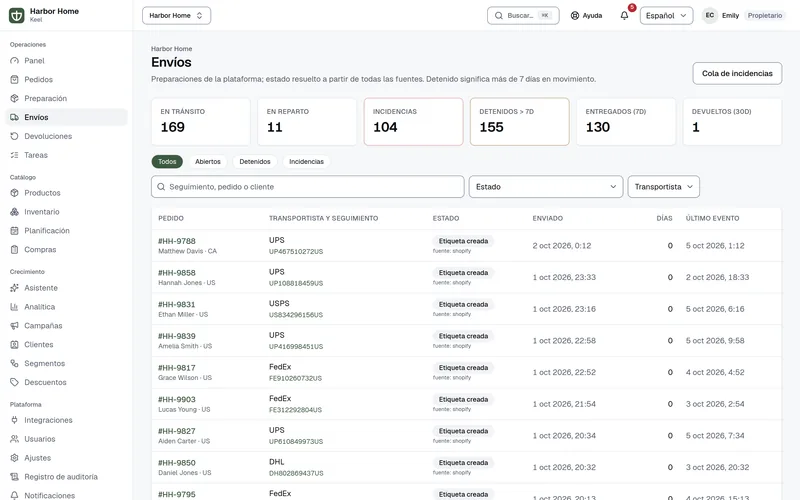Página de envíos en Keel: contadores de en tránsito, en reparto, excepciones, parados, entregados y devueltos, con una lista de pedidos, transportistas y números de seguimiento